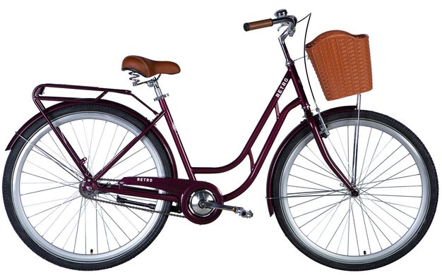 Велосипед 28 Dorozhnik RETRO Velosteel рама-19" малиновый с багажником задн. St с корзиной Pl с крылом St 2024