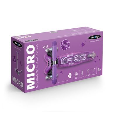 Самокат Micro "Mini Deluxe Fairy Glitter LED" - ПУРПУРНИЙ (до 50 kg, 3-х колісний, світло)