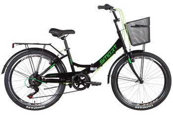 Велосипед ST 24" Formula SMART Vbr трещотка с багажником зад St, с крылом St, с корзиной St 2022 (черно-зеленый )