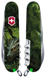 Нож складной Victorinox HUNTSMAN ZODIAC, Зеленый деревянный дракон, 1.3713.3.Z3240p