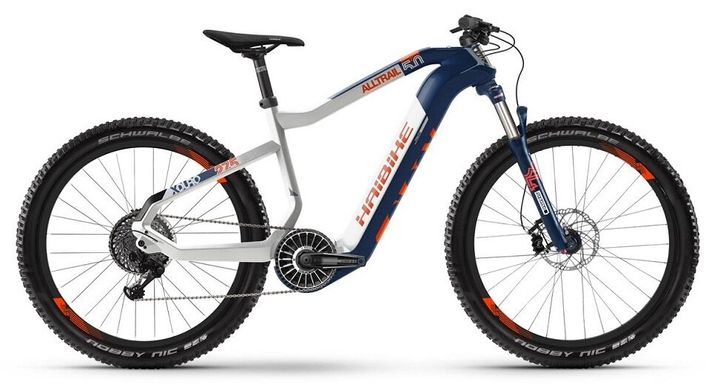 Велосипед Haibike XDURO AllTrail 5.0 Carbon FLYON i630Wh 11 s. 27.5", сине-бело-оранжевый,